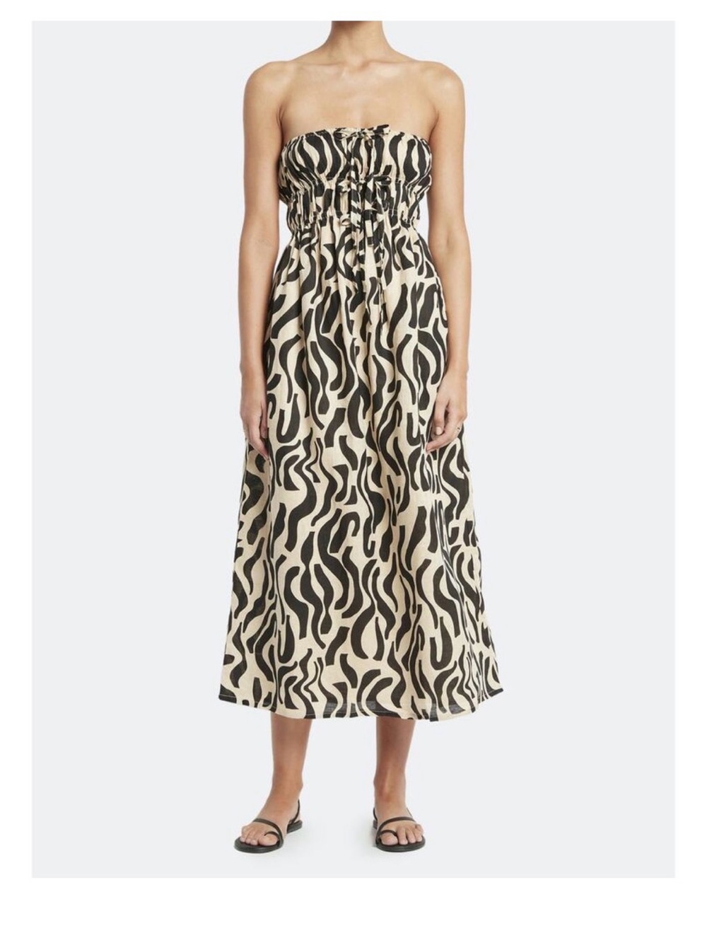 Faithfull the Brand Strapless Black & Cream Printed Midi Dress